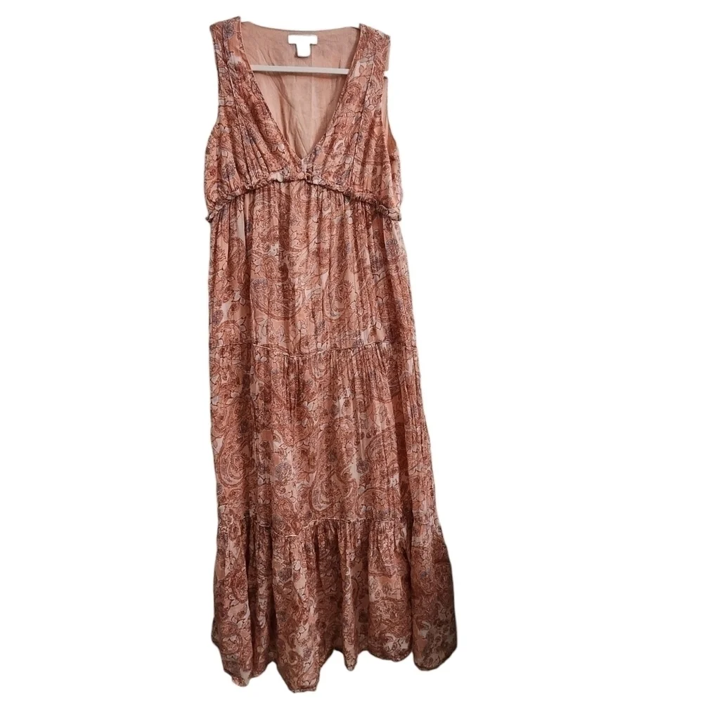 Rachel Zoe Maxi Dress Small Pink Empire Paisley Tiered‎ V-Neck Boho Summer Beach